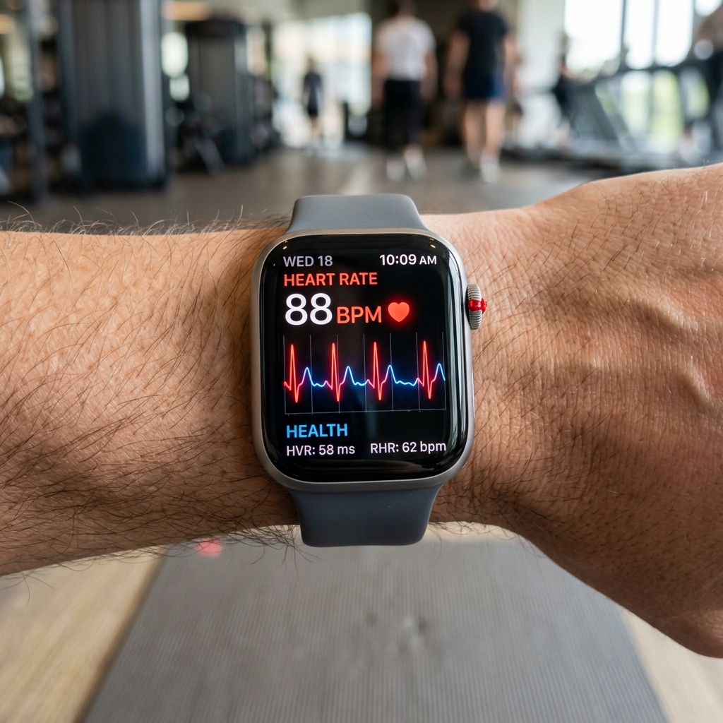 Konceptuell närbild av en Apple Watch-skärm med hälsoindikatorer