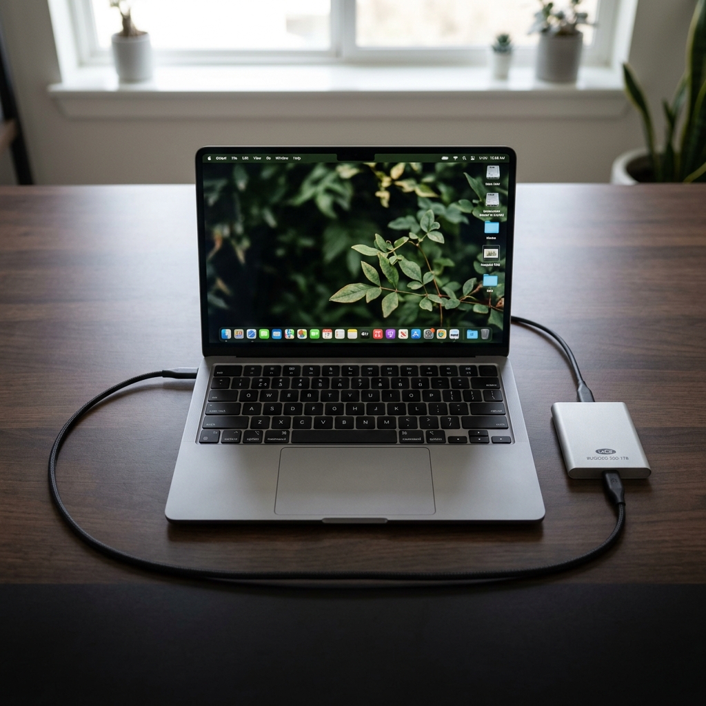 En extern hårddisk ansluten till en Macbook på ett skrivbord