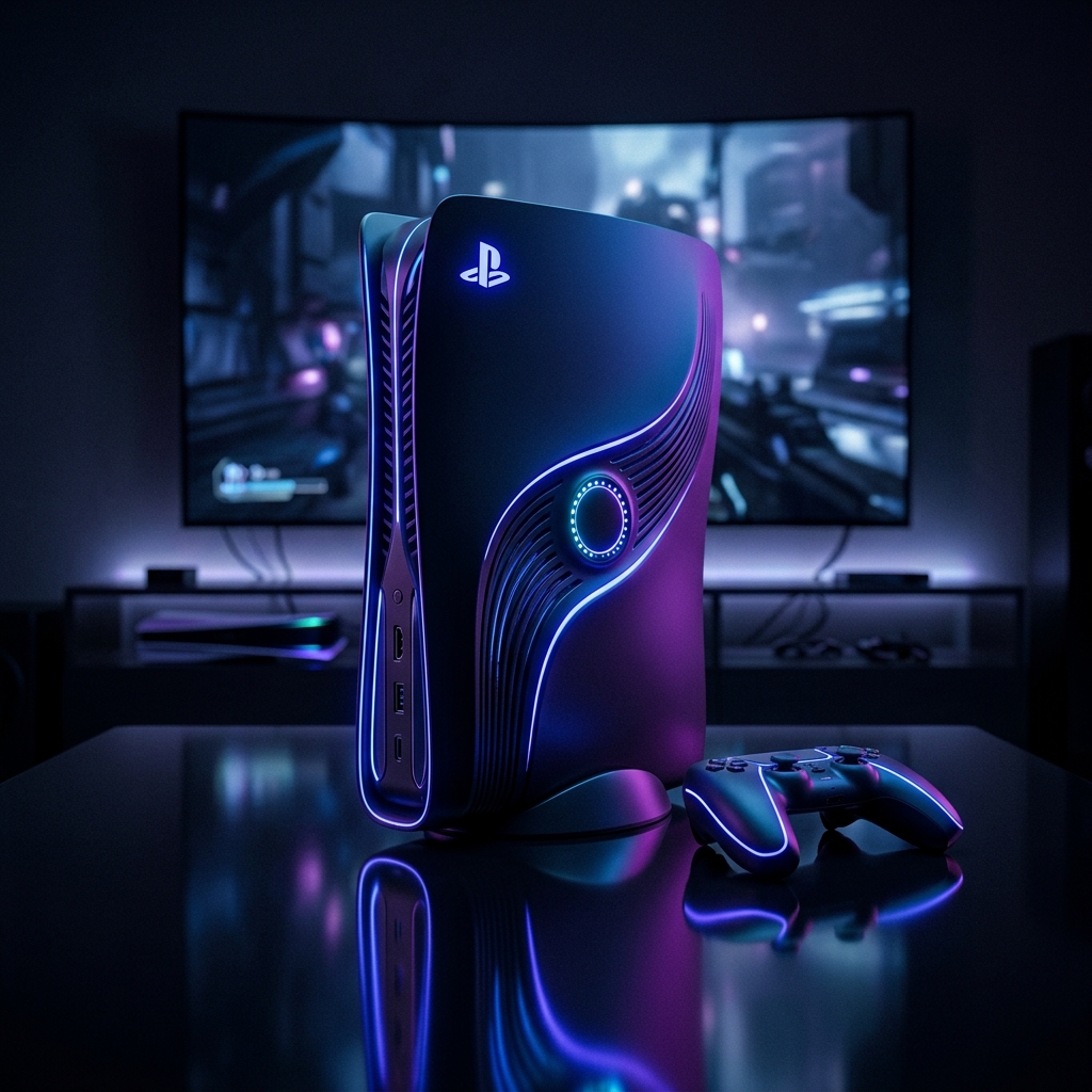 Konceptuell rendering av PlayStation 6 i ett mörkt rum