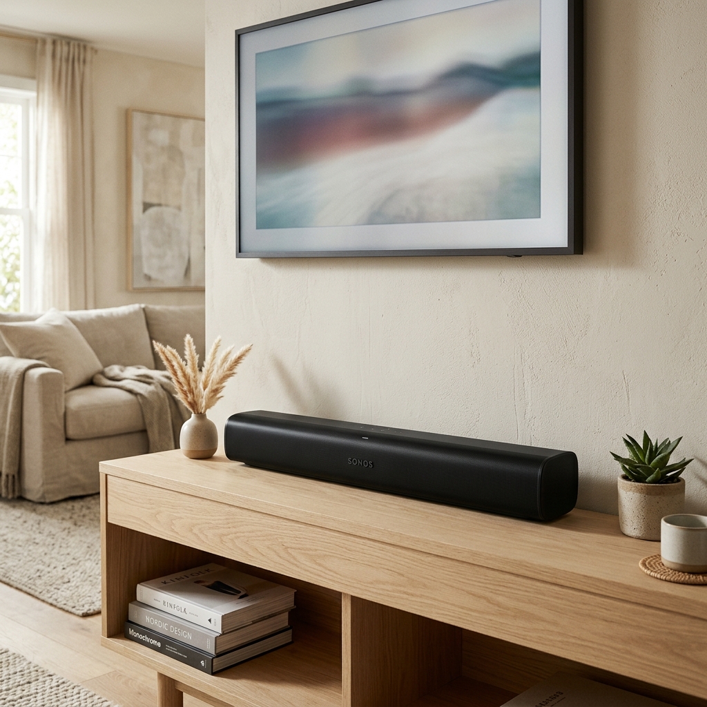 Sonos Arc 2 soundbar placerad på en bänk under en TV